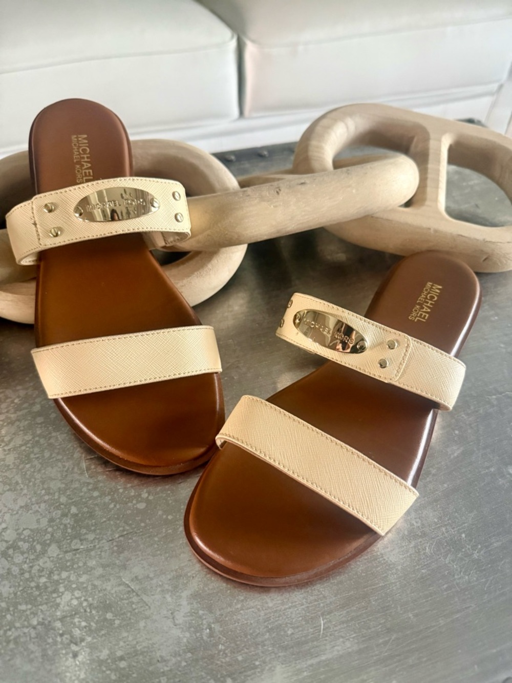 Michael Kors Buttermilk Double Strap Gold Logo Slide Sandals - 6M